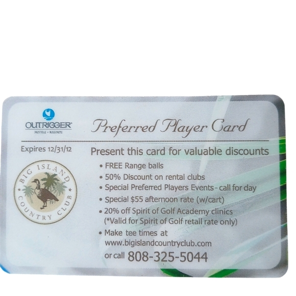 Outrigger Big Island Hawaii Country Club Card Preferred Player - Picture 2 of 5